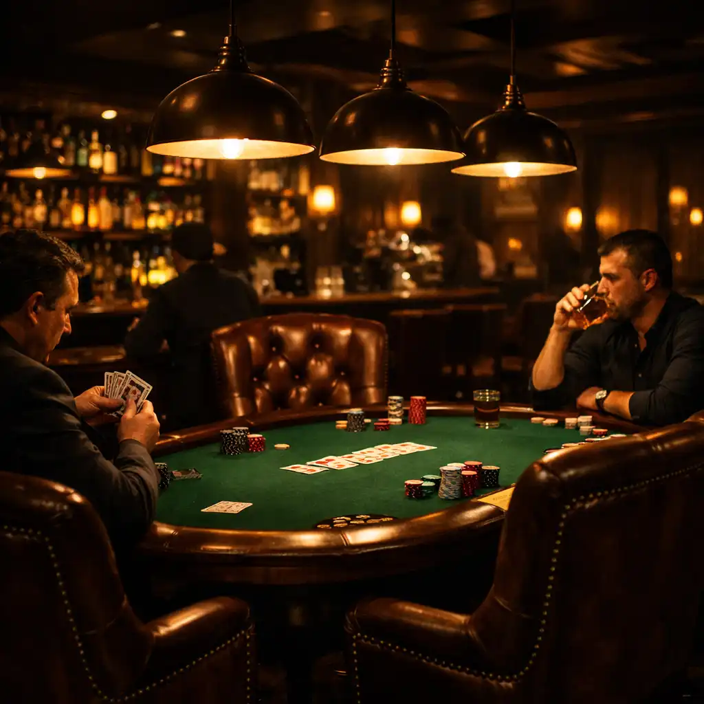 Interior of the Card Lounge with plush seating, warm lighting, and green felt poker tables