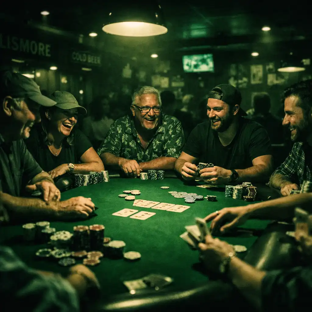 Casual poker table with players laughing and chatting at Poker Meadow Lismore