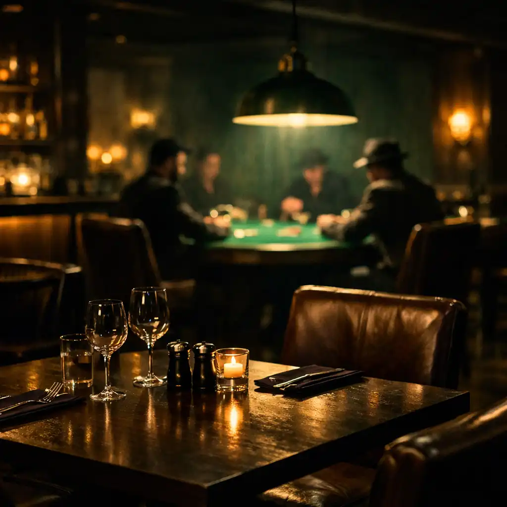 Wide shot of a dark sophisticated restaurant interior with wooden tables and leather chairs, with a green felt poker table visible in the background under a hanging lamp