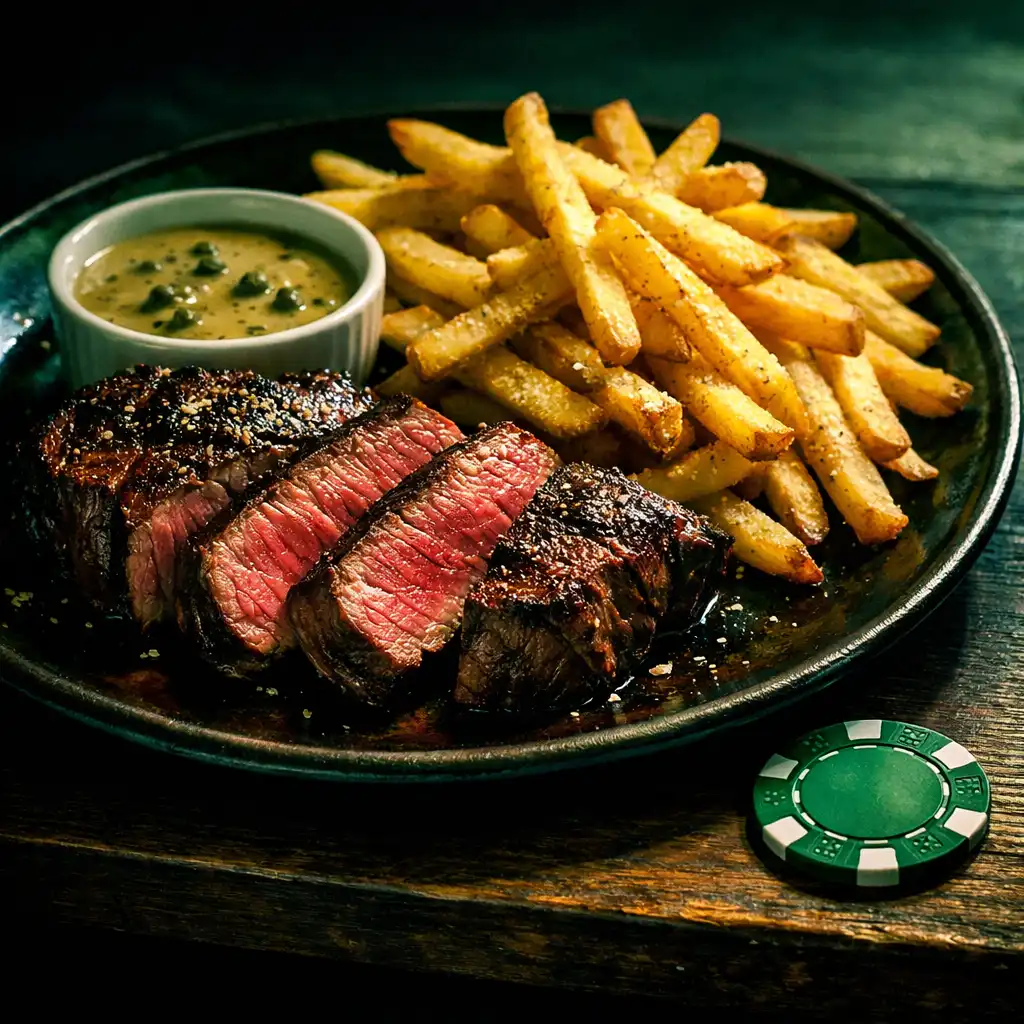 Close-up of a gourmet steak frites dish on a dark wooden table with a single poker chip resting on the edge