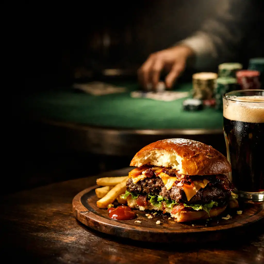 Dimly lit restaurant table with a gourmet burger and a glass of dark beer, with a green felt poker table visible in the background