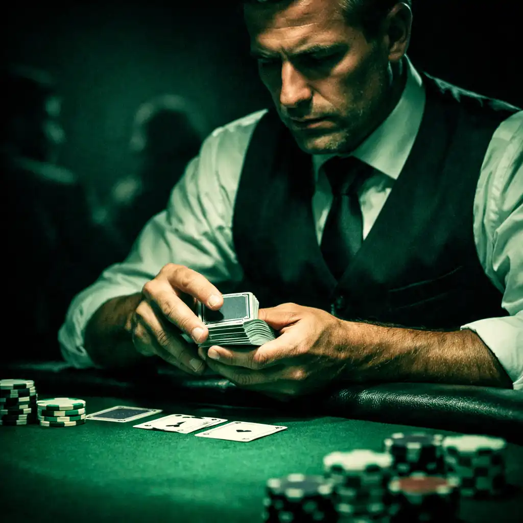 Professional live dealer dealing cards at a poker table under dramatic lighting