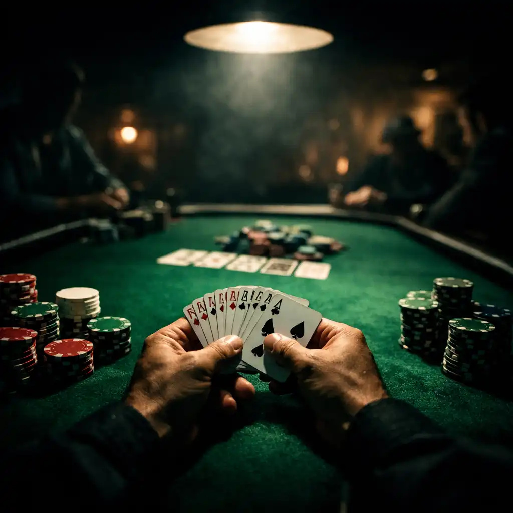 Professional poker table with green felt, chips, and cards under dramatic spotlight