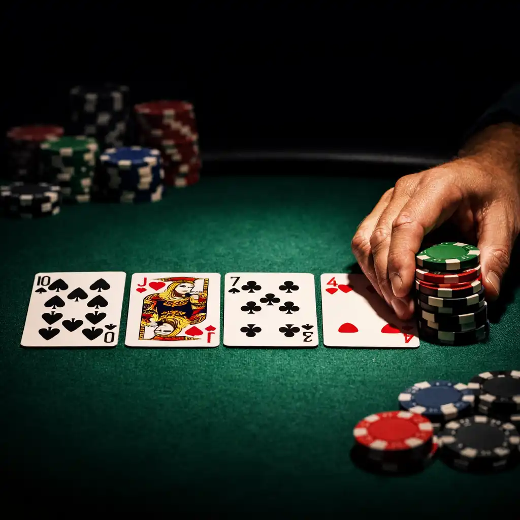 Close-up of a poker game with community cards and chips on green felt
