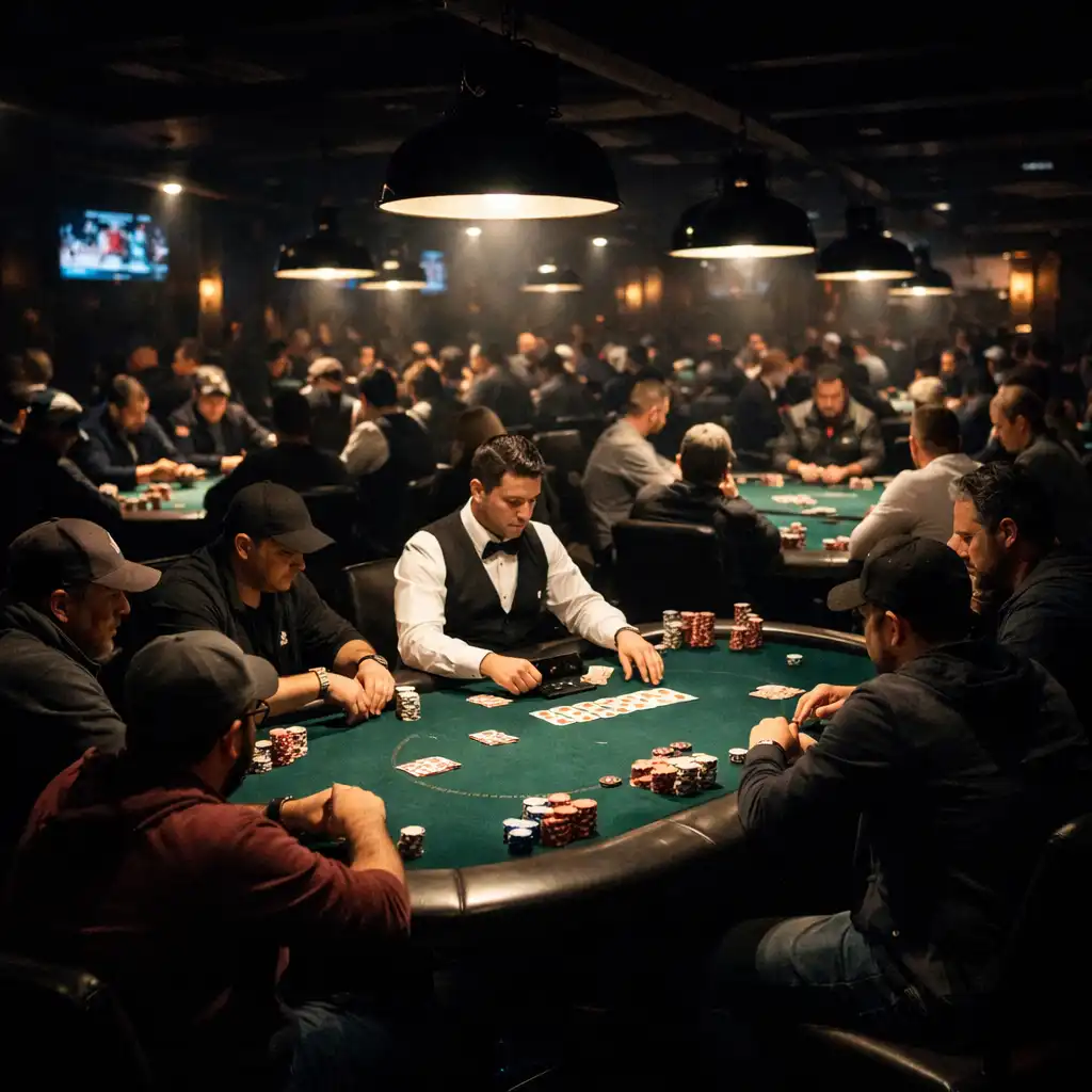 A wide view of the dedicated poker room at Poker Meadow Lismore with players seated at professional felt tables under dramatic spotlights