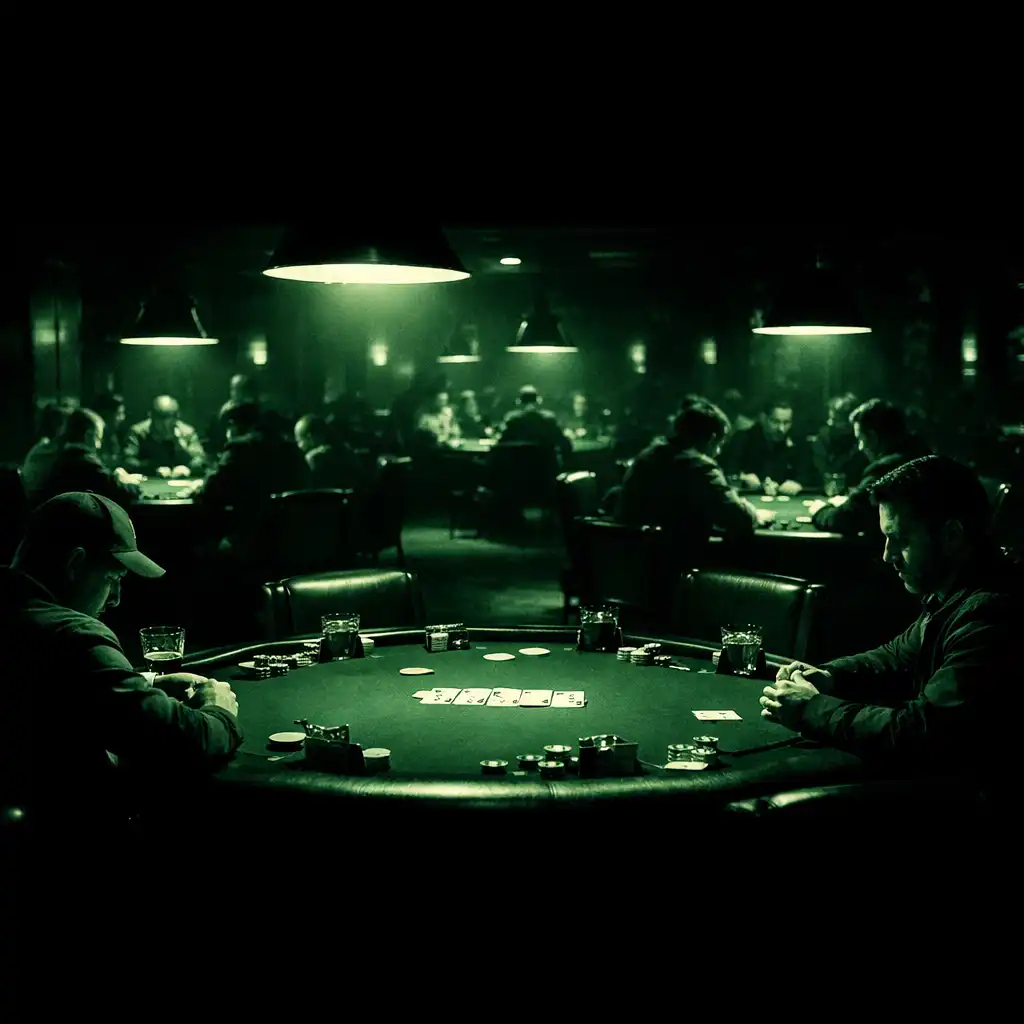 Wide view of the Poker Meadow poker room with multiple tables under dramatic spotlights