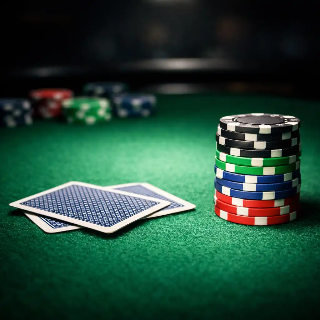 Close-up of a professional poker table with green felt, chips, and cards under dramatic spotlight