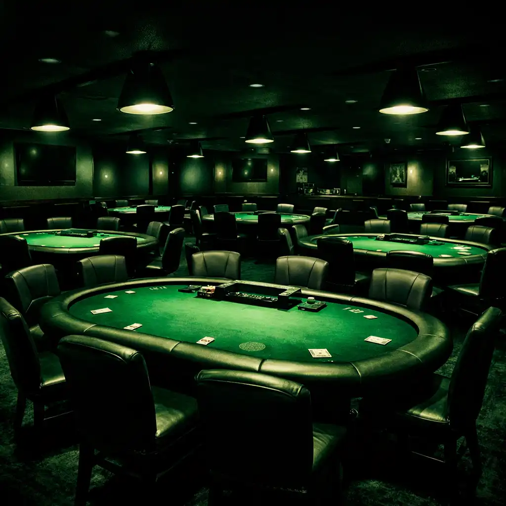 Wide-angle view of the dedicated poker room with multiple professional tables under individual spotlights