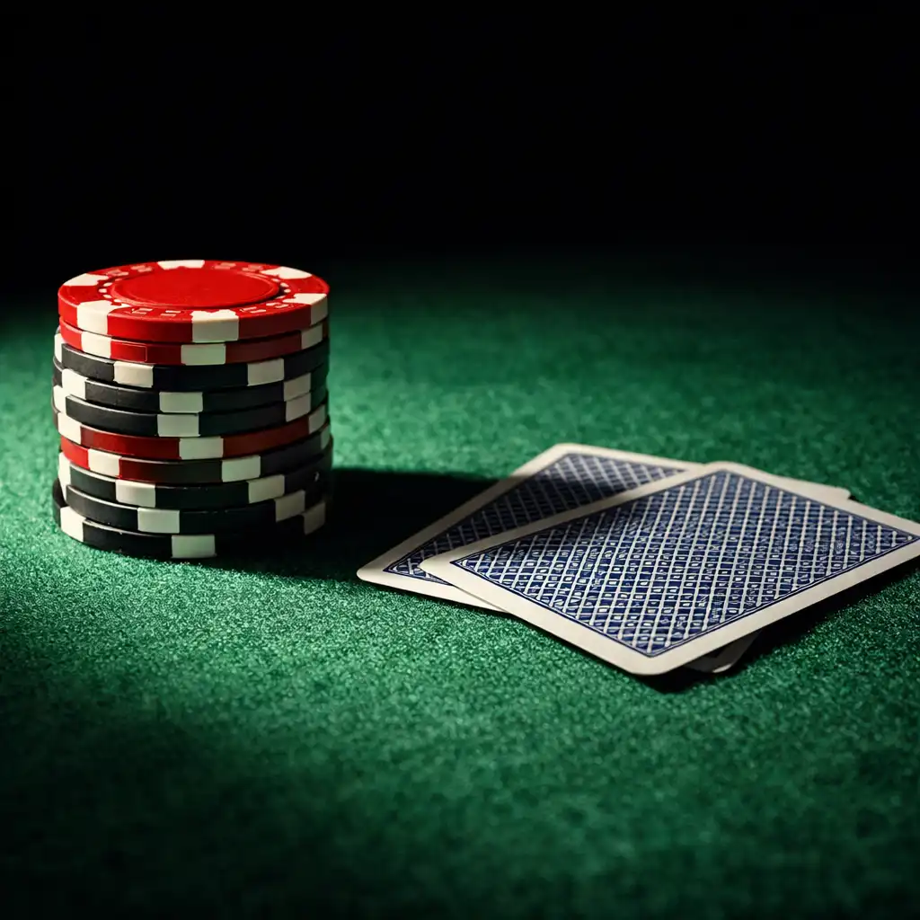 Extreme close-up of a professional poker table surface with green felt, a stack of poker chips, and playing cards face down under dramatic side lighting