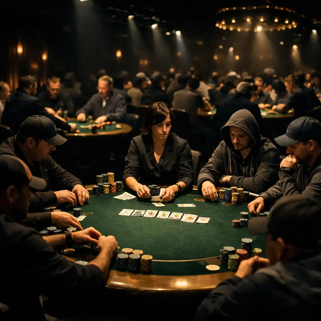 Poker tournament in progress with multiple tables and focused players under dramatic lighting